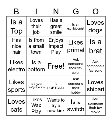 Kinky Bingo Card