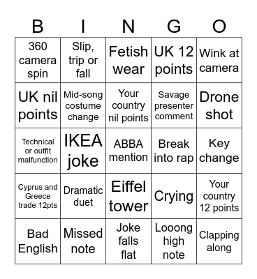 EUROVISION 2024 Bingo Card