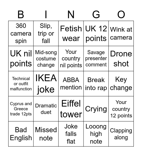 EUROVISION 2024 Bingo Card