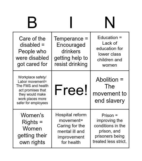 Reform Movement Bingo Card