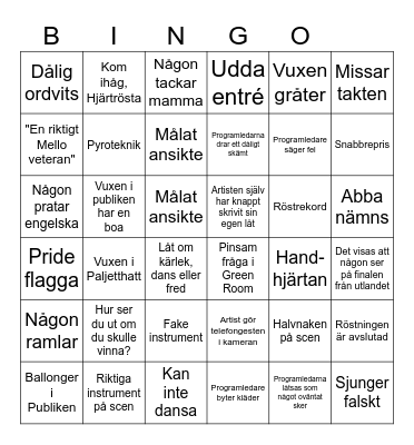 Melodifestivalen Bingo Card