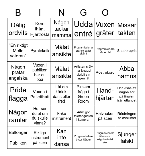 Melodifestivalen Bingo Card