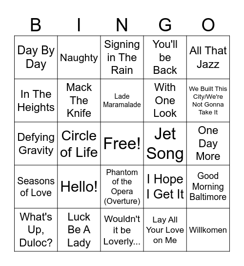 Musicals By Song Bingo Card