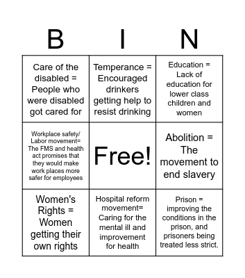 Reform Movement Bingo Card