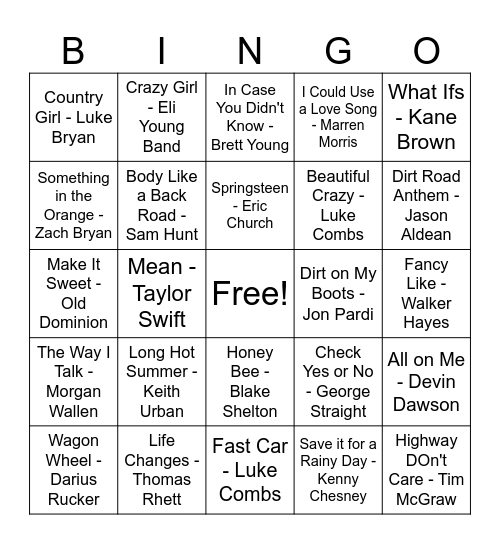 Country Hits! Bingo Card