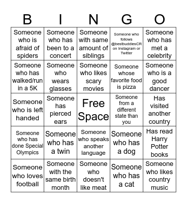 Best Buddies Bingo Card