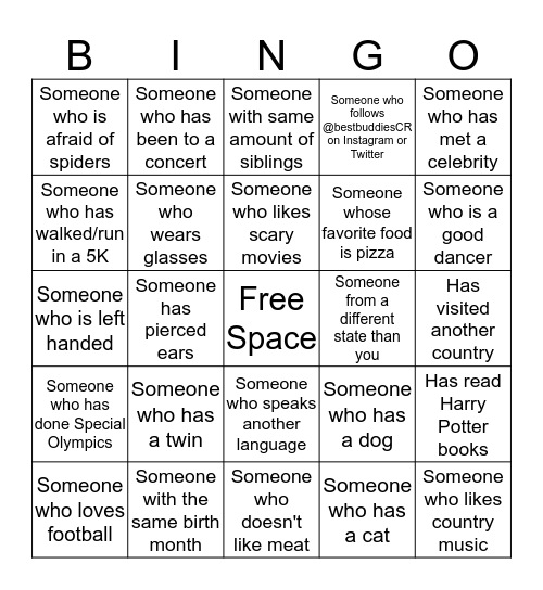Best Buddies Bingo Card