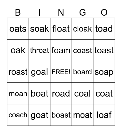 OA words Bingo Card