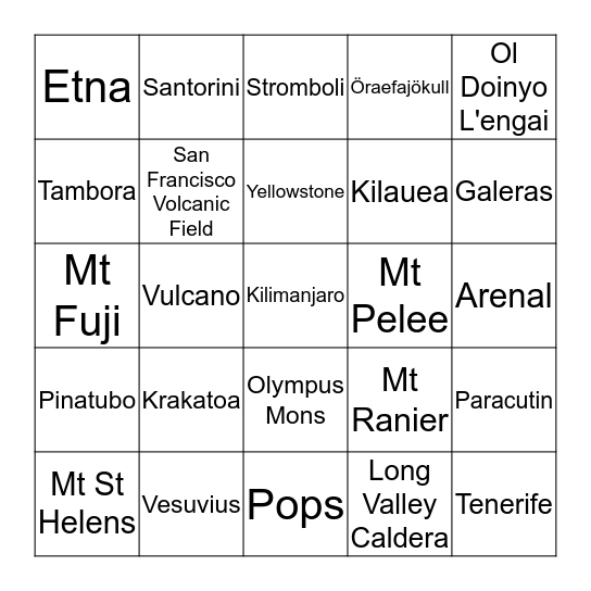 VOLCANO BINGO Card