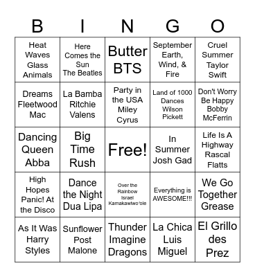 Summer Music Bingo Card