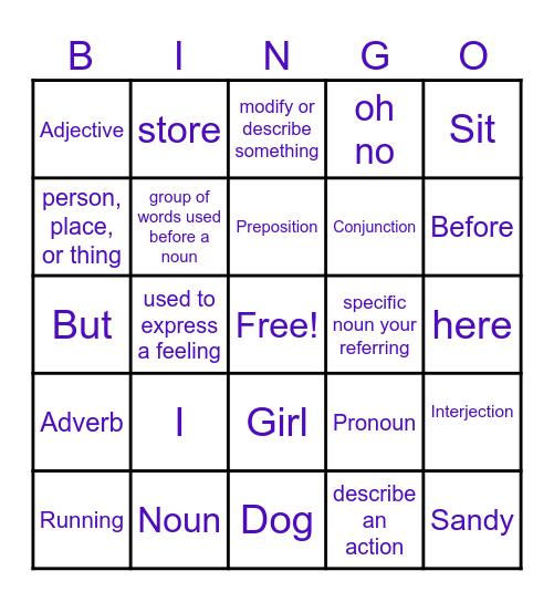 parts of speach Bingo Card