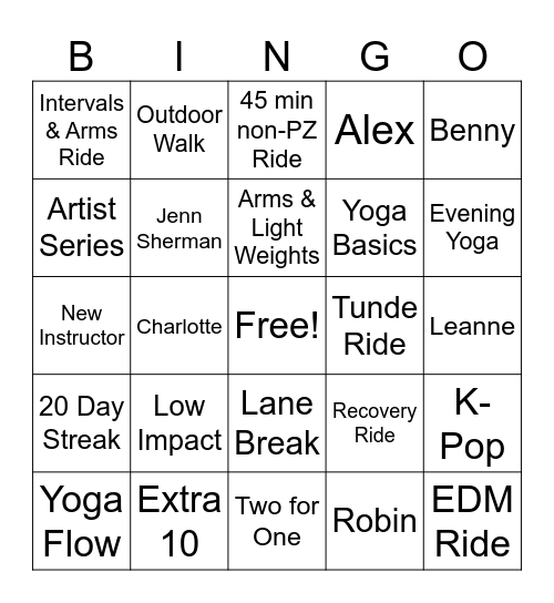 Monthly Peloton Challenge easy Bingo Card