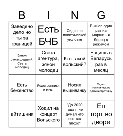 Бинго на змагара Bingo Card