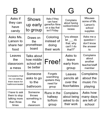 5th Grader Bingo Card
