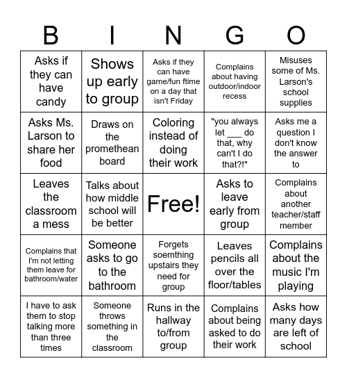 5th Grader Bingo Card