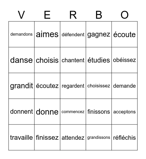 LES VERBES REGULIERS - conjugated Bingo Card