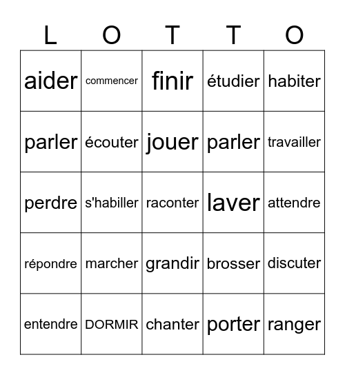Les verbes réguliers du quotidienne Bingo Card