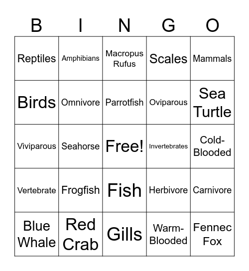Animal Bingo Card