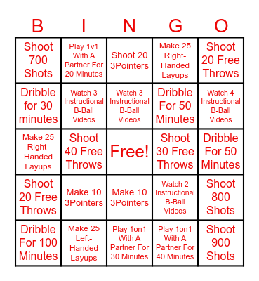 WYBBA Summer Basketball Challenge Bingo Card