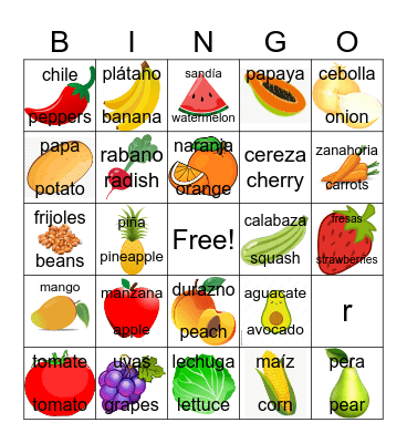 Comid/ Food Bingo Card