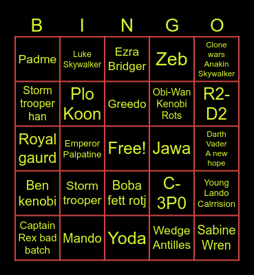 Star Wars character's Bingo Card