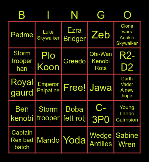 Star Wars character's Bingo Card