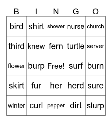 er, ir, ur Bingo Card