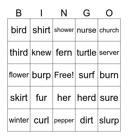 er, ir, ur Bingo Card