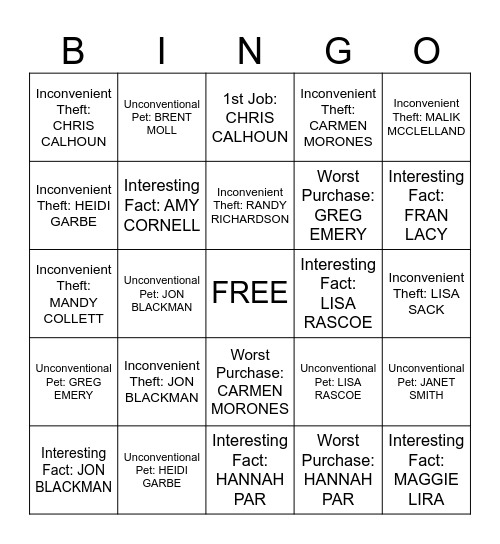 EMPLOYEE FUN FACT Bingo Card