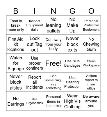 Safety Bingo Card