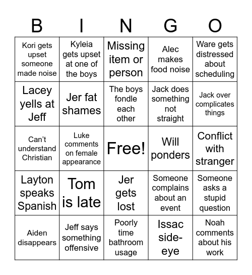 Senior Trip Bingo Card