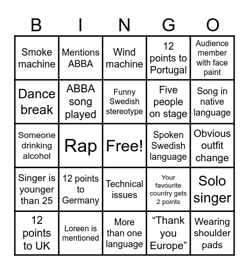 Favourite country: Bingo Card