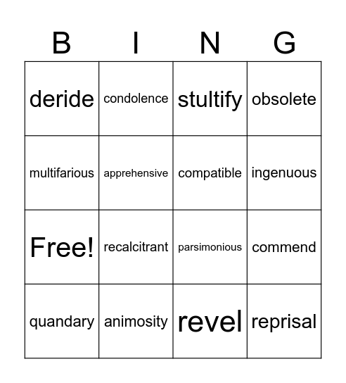 Unit 8 Vocabulary Bingo Card