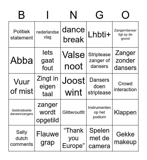 Eurovisie Bingo Card