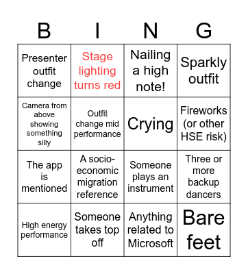 Eurovision Bingo Card