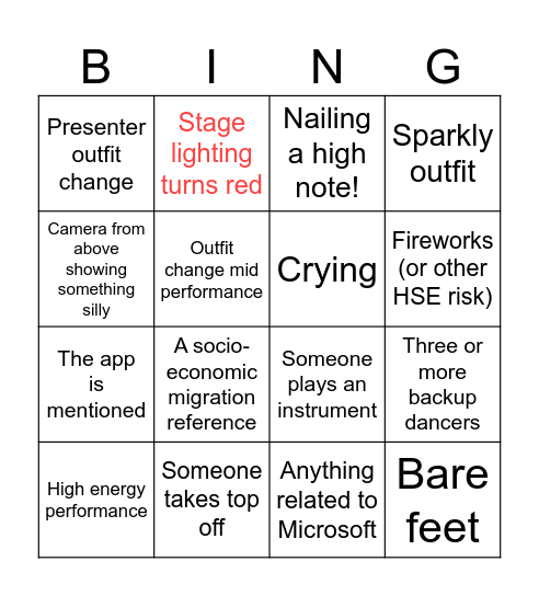 Eurovision Bingo Card