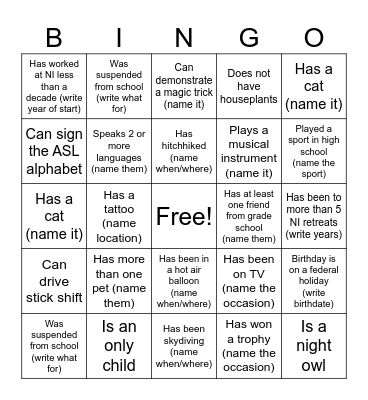 NI Team Retreat 2024 Bingo Card