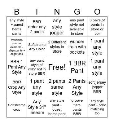 Womens Pants Bingo Card