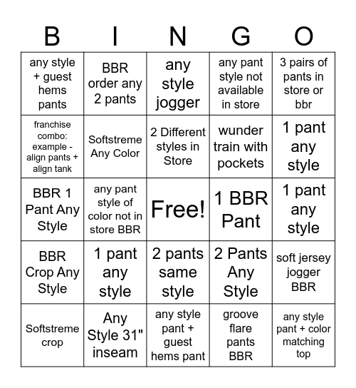 Womens Pants Bingo Card