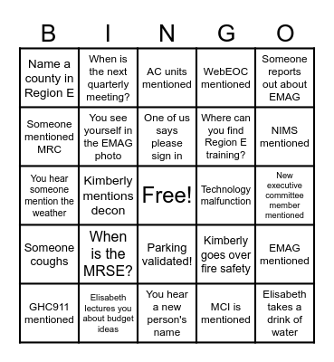 Region E Bingo Card