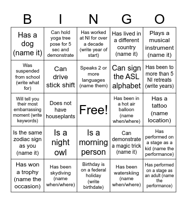 NI Team Retreat 2024 Bingo Card