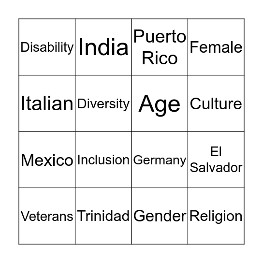 DIVERSITY Bingo Card