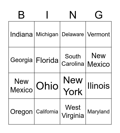 50 states Bingo Card