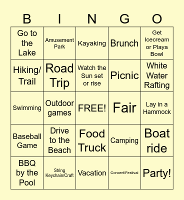 Summer Bucket List Bingo Card