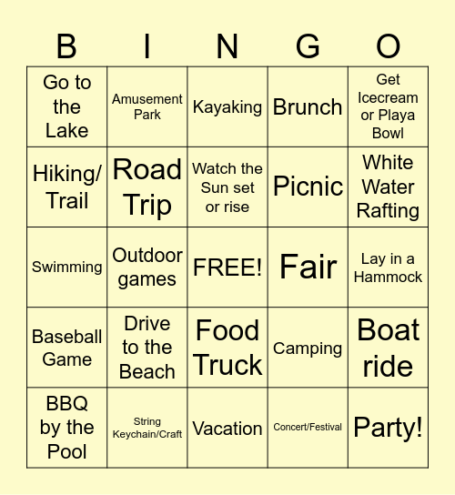 Summer Bucket List Bingo Card