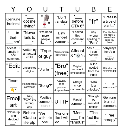 Youtube shorts comments bingo Card