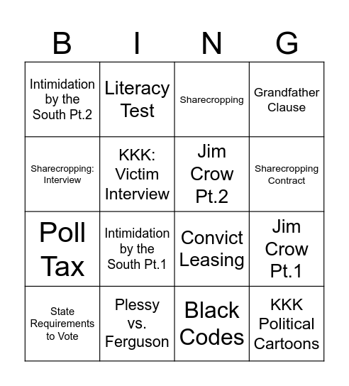 Reconstruction: Challenges for African Americans Bingo Card