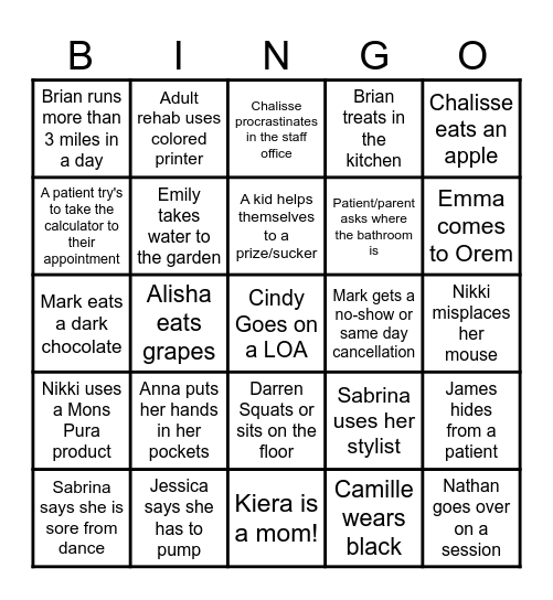 PCH Orem Rehab Bingo Card