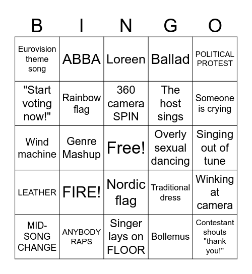 Eurovision 2024 Bingo Card