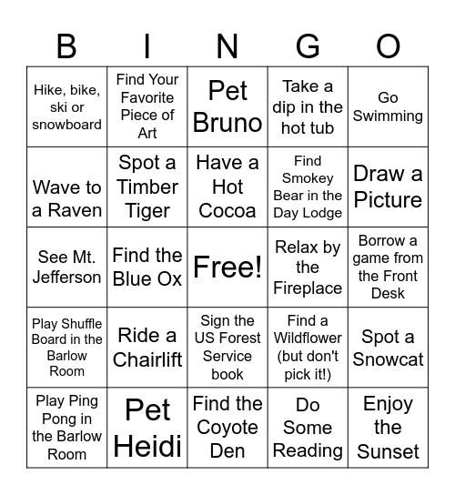 Timberline  Bingo Card